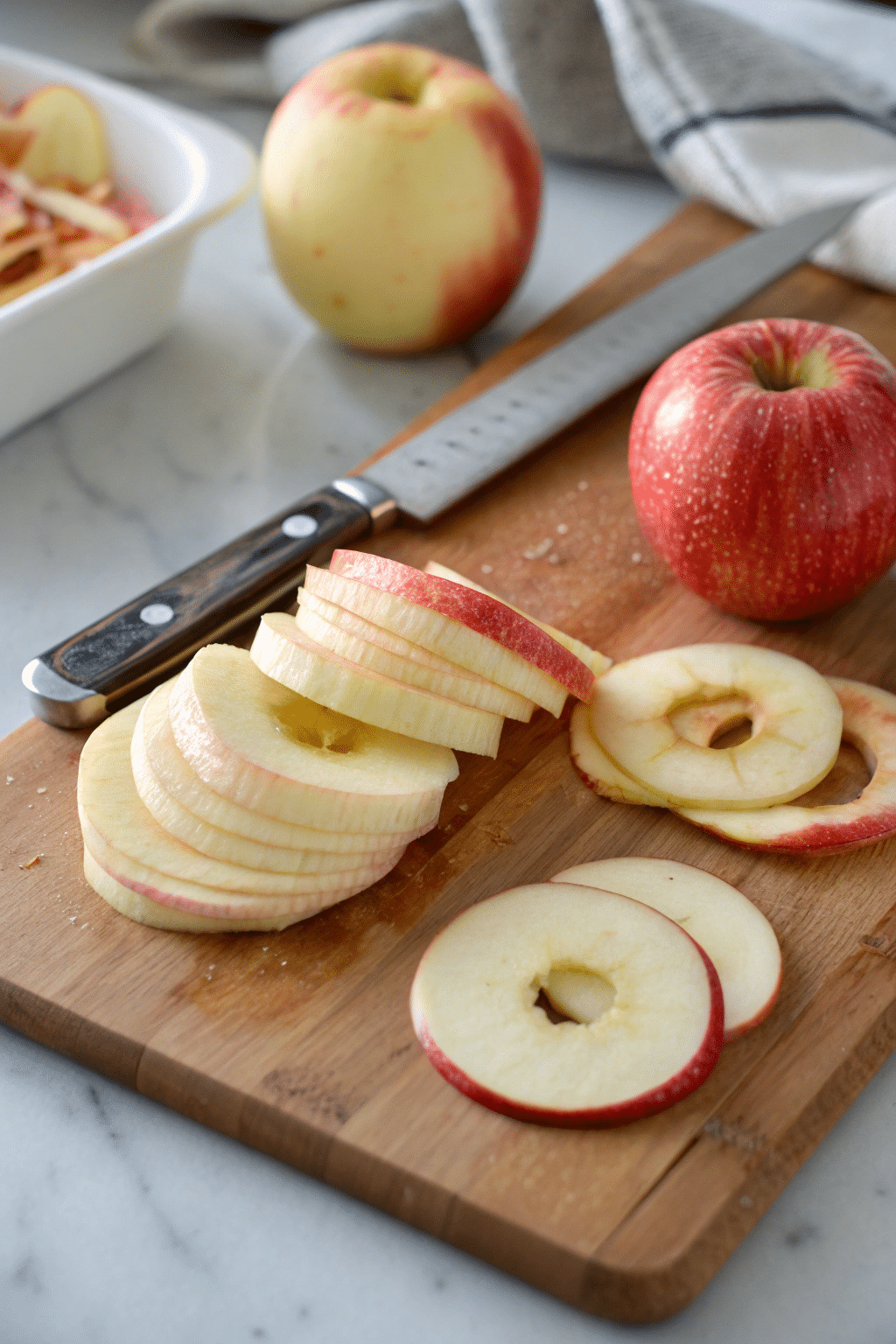 A close-up image of fresh apples being sliced into thin rings on a cutting board, with an apple corer and knife visible, ready for dehydration.