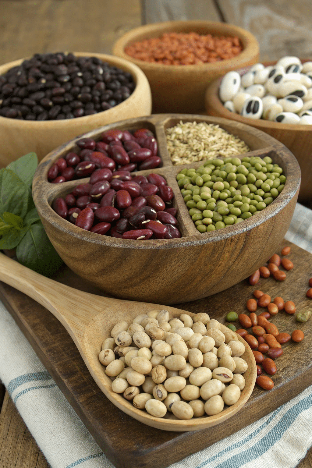 A still life photo featuring a variety of beans in wooden bowls and on a wooden surface. The beans are in different colors, including shades of brown, dark brown, red, and green. The bowls vary in size and shape, with some having multiple compartments. The wooden surface beneath the bowls and beans is textured and has a rustic appearance. The image is a close-up shot with a focus on the beans and the wooden containers. The lighting is natural and soft.