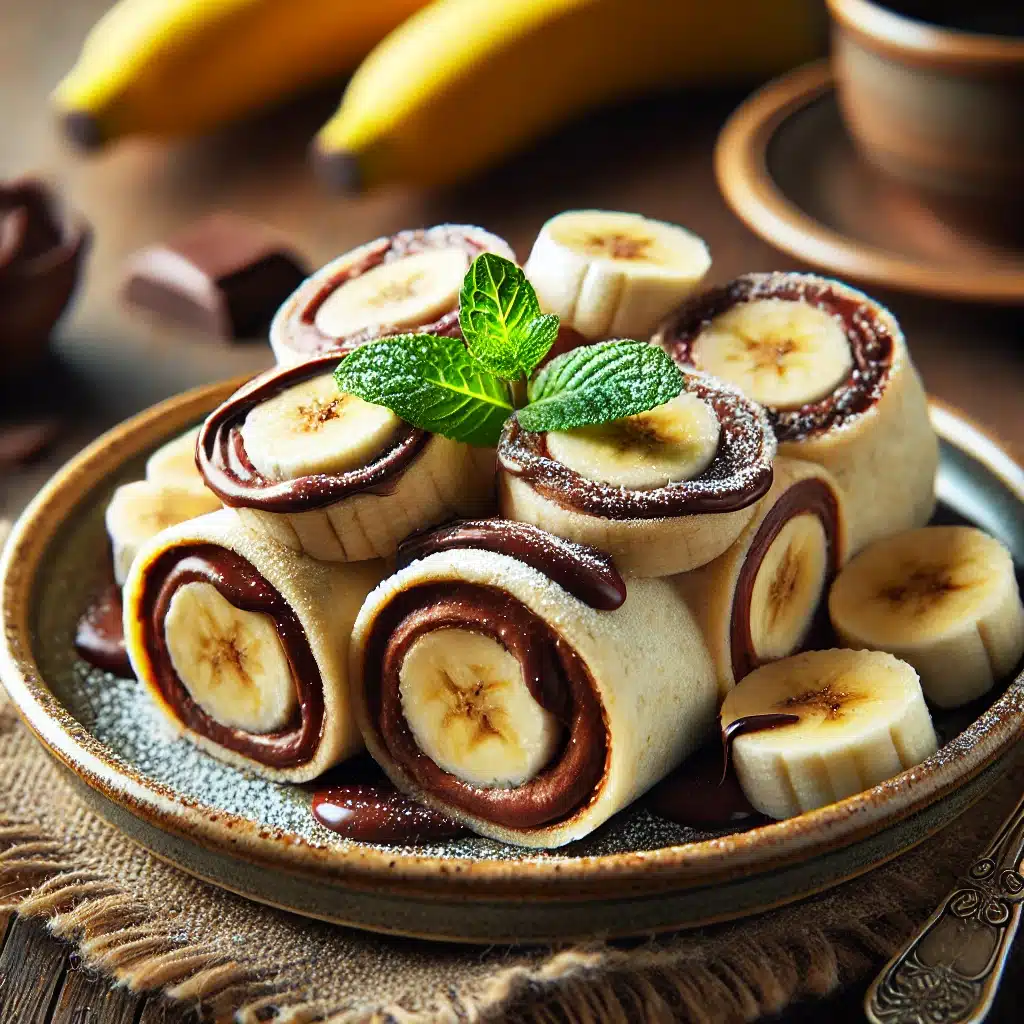 A plate of banana chocolate roll-up dessert, featuring bite-sized pieces of a tortilla wrap filled with fresh banana slices and rich chocolate spread. The roll-ups are garnished with a drizzle of melted chocolate, powdered sugar, and fresh mint leaves. The dish is elegantly presented on a rustic wooden table with soft natural lighting and a cup of coffee blurred in the background.