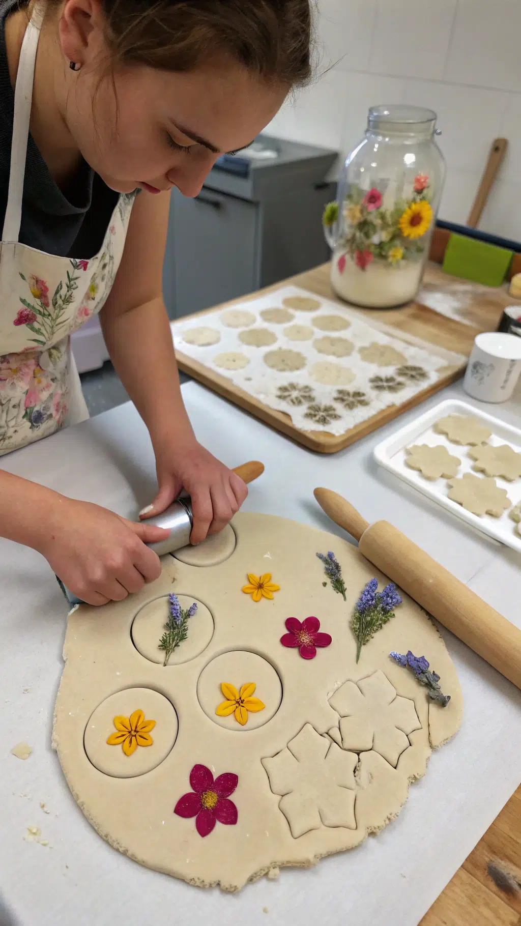 person making flower ornaments using rolling pin, cookie cutter.