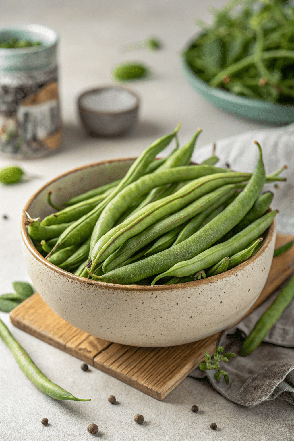 A still life photo featuring a bowl of fresh green beans on a rustic wooden board. The bowl is prominently placed, with the beans filling the majority of the bowl. The beans are a vibrant green color. The wooden board provides a contrasting texture to the smooth, matte surface of the bowl. Surrounding the bowl are some scattered green leaves, small pepper-like objects, and a small container. The overall color palette is dominated by shades of green and brown.