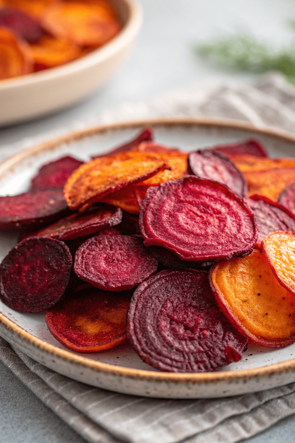 A photo of a culinary scene featuring a plate of freshly roasted beetroot slices. The slices have a rich, deep red hue with some areas showing a caramelized, golden-brown edge. The plate is on a textured, grayish woven cloth. In the background, there is a blurred bowl with similar roasted beetroot slices and a hint of greenery. The image is a close-up, high-resolution photograph with a focus on the textures and colors of the roasted beetroot.