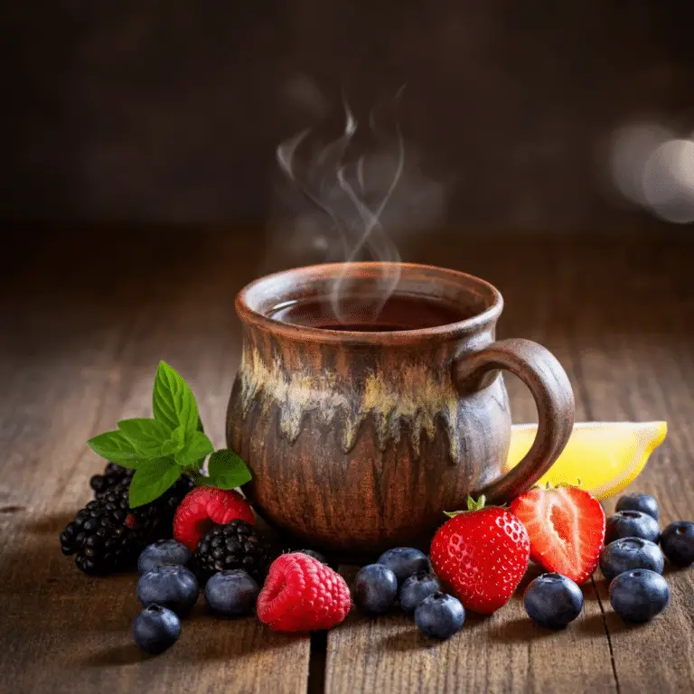 A steaming cup of berry herbal tea with fresh berries.