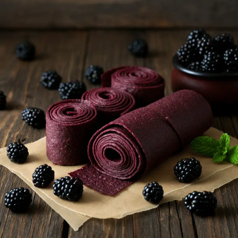 Homemade blackberry fruit leather on a wooden table.