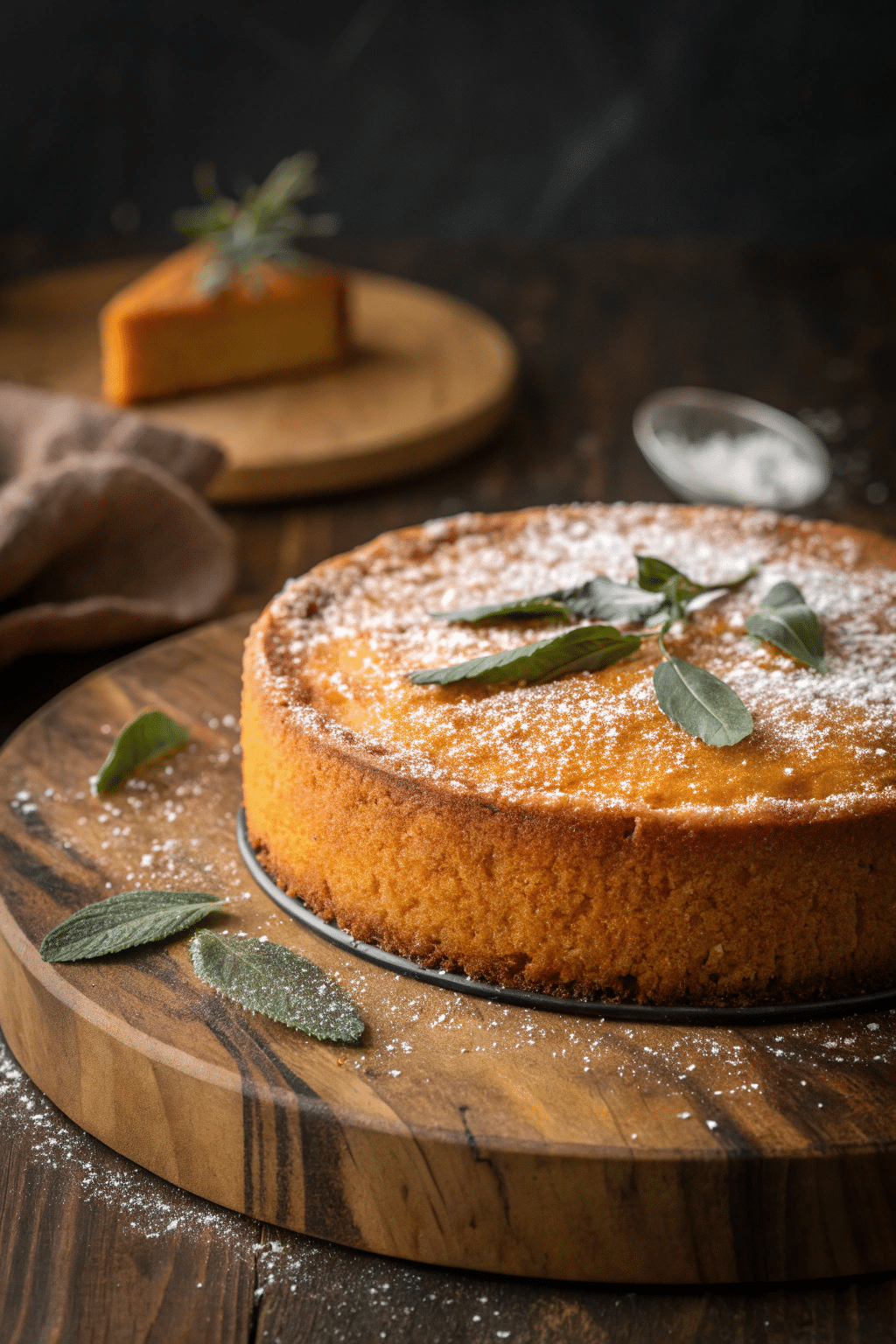 A photo of a warm, inviting culinary scene featuring a round cake on a rustic wooden serving board. The cake has a golden-brown crust and is garnished with powdered sugar and fresh sage leaves. The cake is presented in a close-up shot, showcasing its texture and the garnish. The background is dimly lit, with a blurred, dark background emphasizing the rustic wooden surface of the table and the rich, earthy tones of the setting. The lighting is soft and ambient.