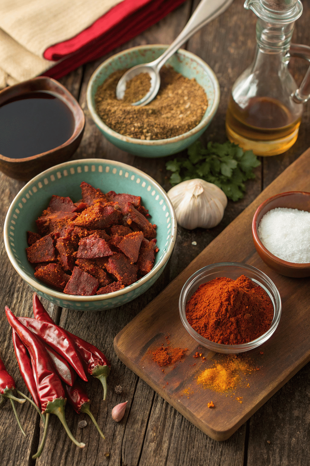 A vibrant display of ingredients for a Cajun marinade, including cayenne pepper, paprika, garlic cloves, liquid smoke, and sea salt, arranged on a rustic wooden table.