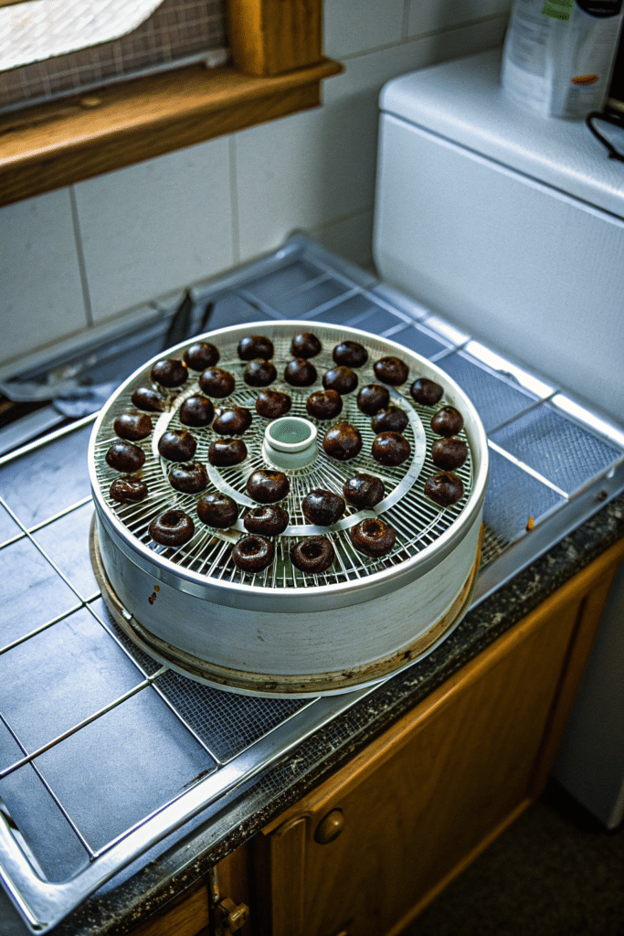 Sliced cherries on dehydrator tray.