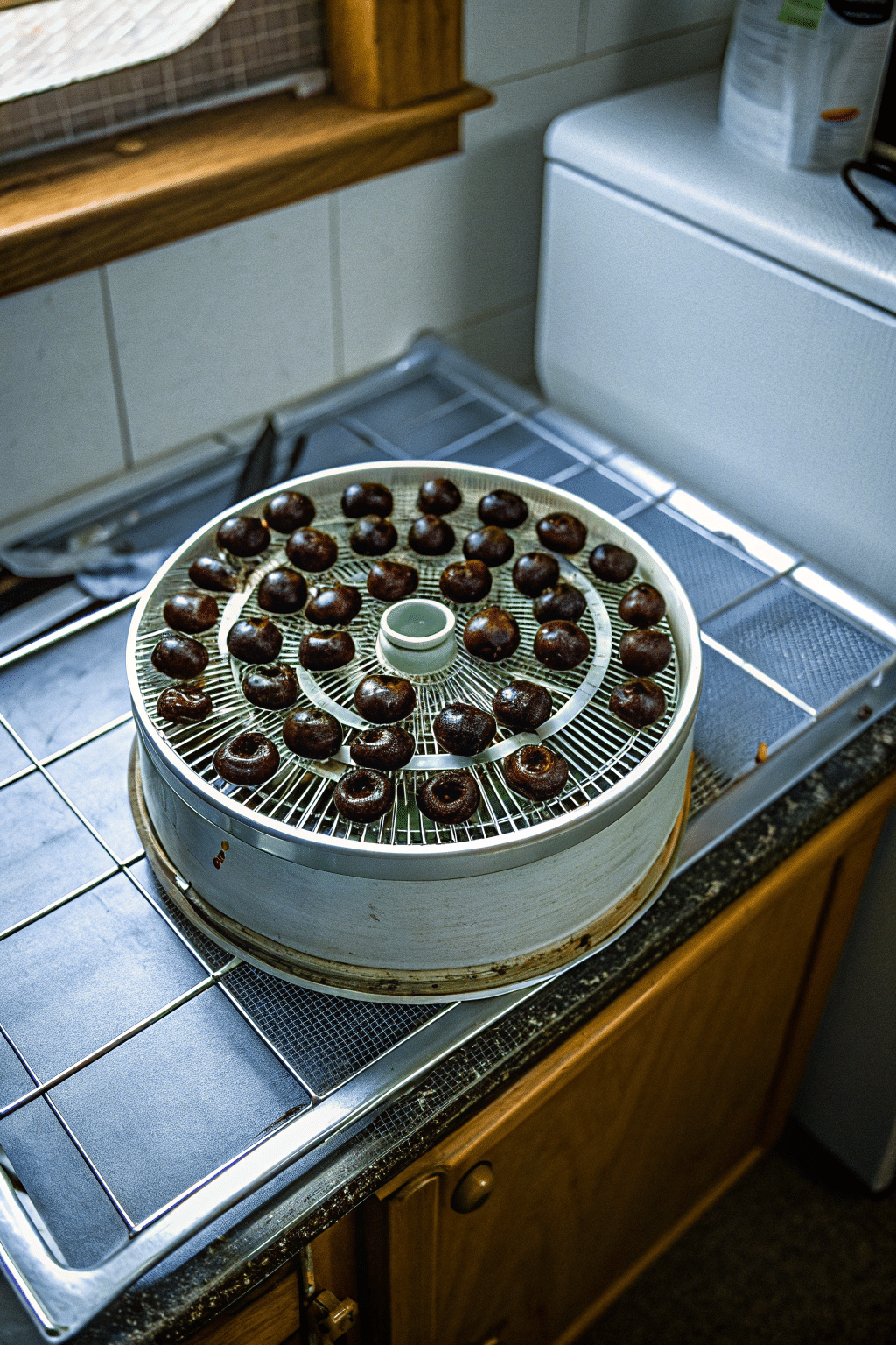 A view of cherries evenly spaced on dehydrator trays, illustrating the setup for drying with proper airflow.