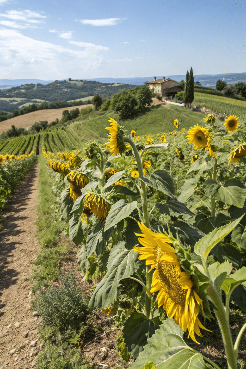 A vibrant sunflower field with mature, healthy sunflowers ready for harvesting. The sunflowers are tall and bright, showcasing their peak condition.