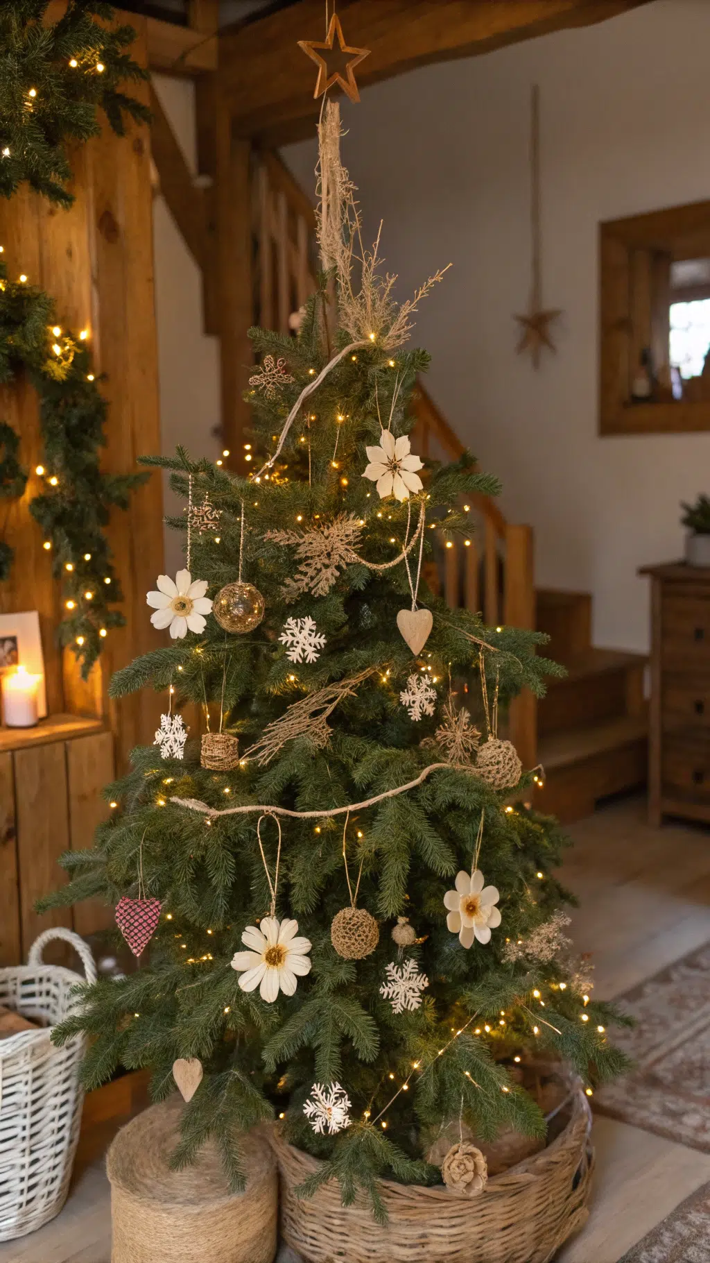a Christmas tree twinkling with handmade dried flower ornaments.It’s rustic yet elegant, like something out of a woodland fairytale.