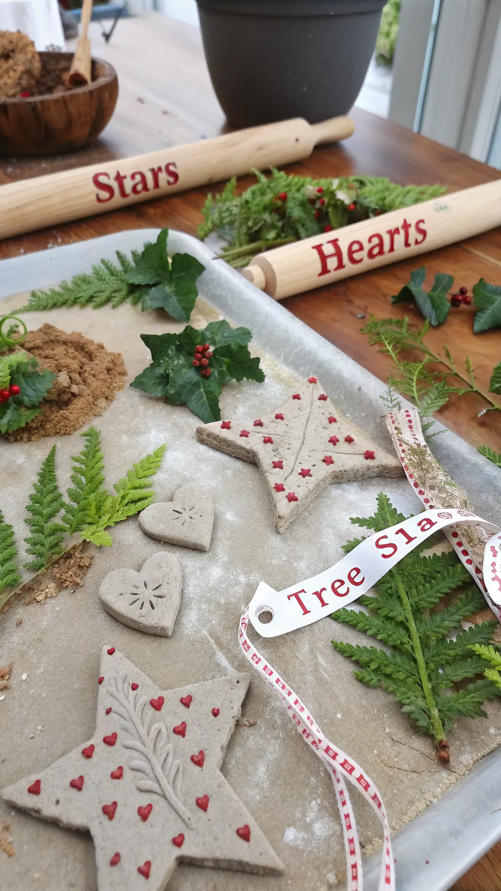 Clay made with Shapes like stars, hearts, or festive tree shapes.different foliage like ferns or greenery for added texture. ribbon, names,