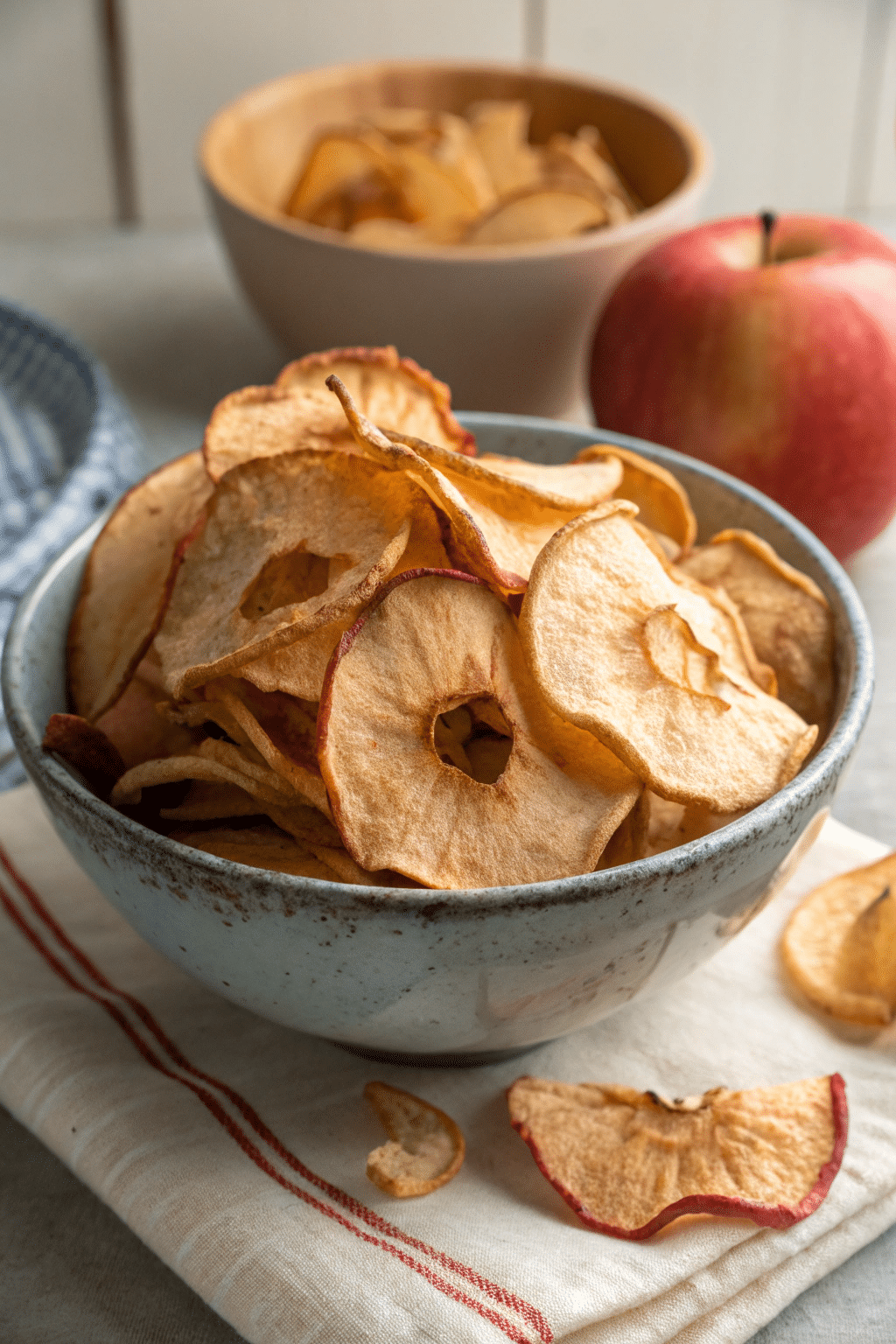 A bowl of crispy dehydrated apple chips, showcasing their golden-brown color and crunchy texture, ready for snacking.