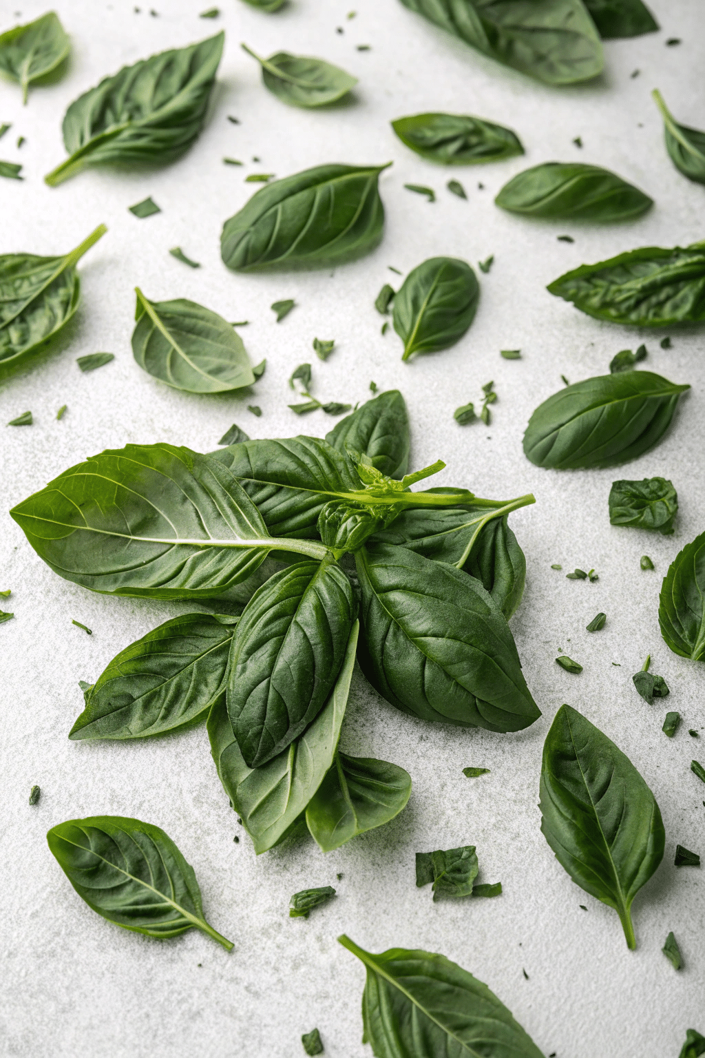 A close-up photo of fresh basil leaves scattered on a white background. The basil leaves are predominantly a vibrant green color, with a slightly textured surface indicative of fresh, natural produce. The stems are visible and have a delicate, slender appearance. The leaves are arranged in a somewhat random pattern, with some overlapping and others spread out. The focus is on the basil leaves and their details. The overall impression is that of a still life with a focus on the textures and colors of the basil.