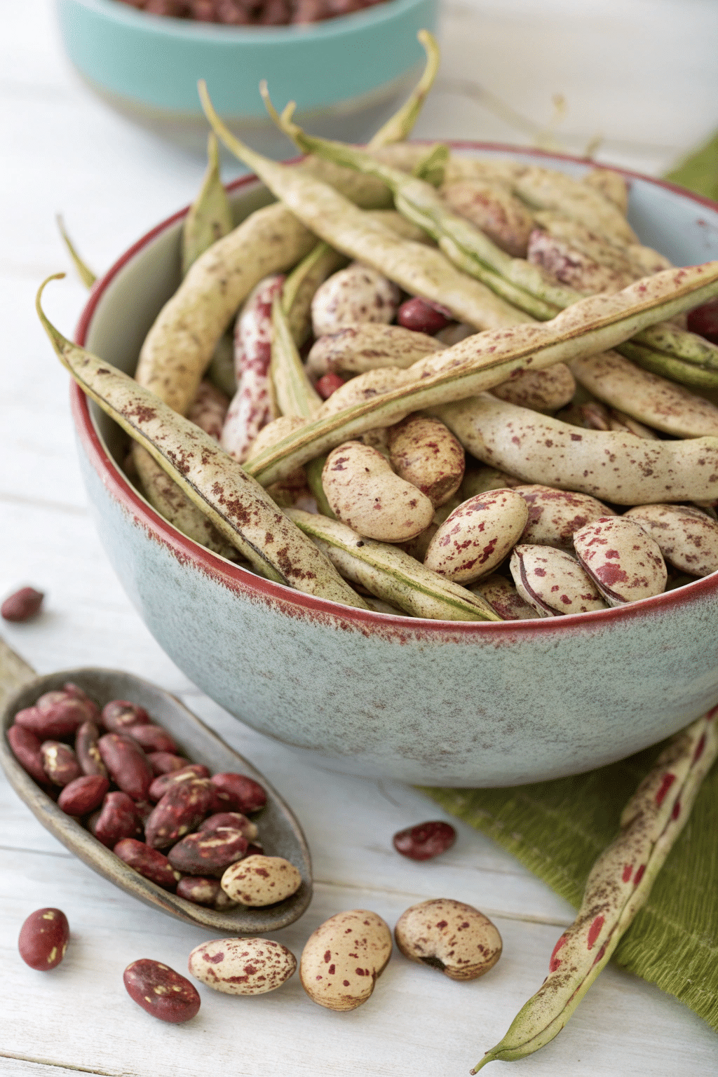 A still life photo featuring a bowl of beans and a wooden bean dish on a wooden surface with a rustic aesthetic. The beans have a light brown color with speckled markings and are in various stages of presentation, with some being whole and others partially obscured. The wooden dish contains a portion of the beans, and there are beans scattered around the surface. The image is focused on the natural textures and colors of the beans and the rustic setting.