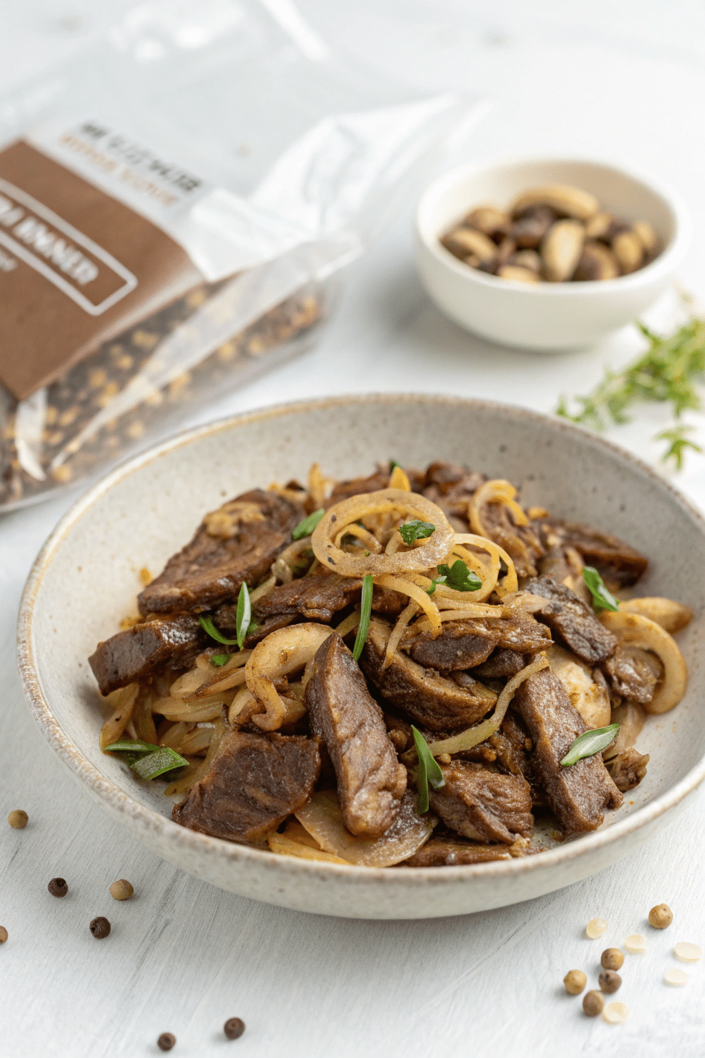 A photo of a dish with beef slices, onion slices, and green herbs garnish on a white tablecloth. The ingredients are arranged with the main dish in a bowl, with some spices and ingredients scattered around. The ingredients include whole spices and a small bowl containing whole nuts. The image is a high-resolution photograph with a focus on the food, showcasing the textures and colors of the ingredients. The lighting is soft and diffused.
