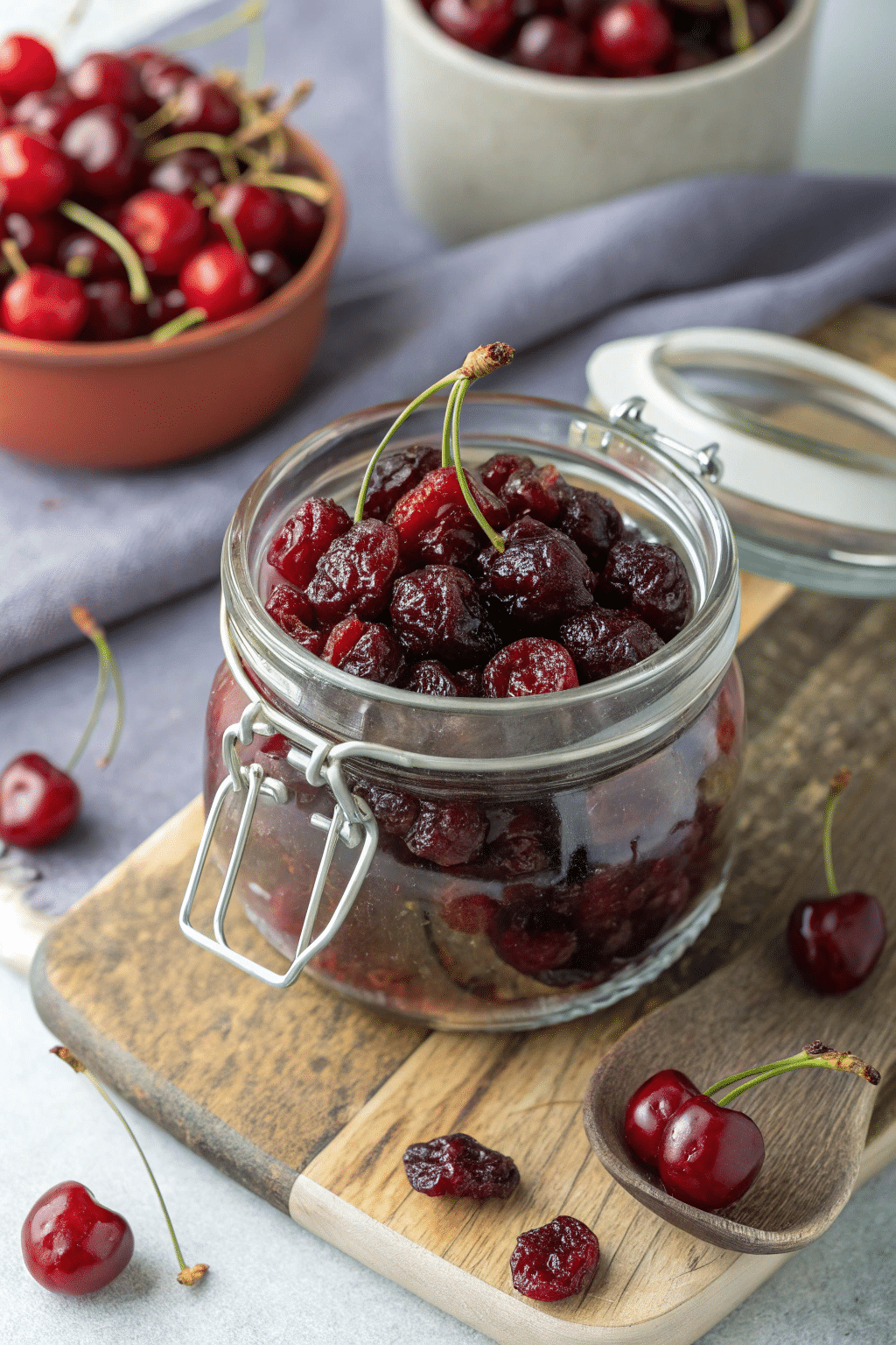 A glass jar filled with chewy, dried cherries, showcasing their rich color and ready-to-eat texture.