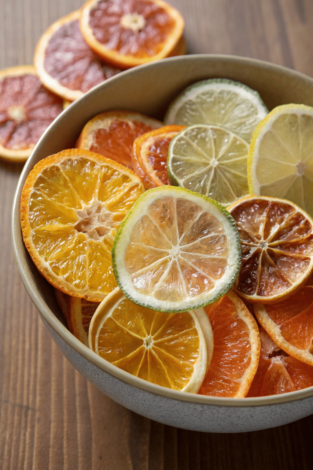 A photo of a bowl filled with a variety of citrus fruit slices, including lime and orange, on a wooden table. The citrus slices are neatly arranged within the bowl, showcasing a mix of vibrant colors and textures. The citrus slices vary in size and are cut into thin, even pieces. The bowl is a practical, rounded vessel with a neutral color. The wooden table underneath provides a warm, earthy backdrop. The lighting is natural and soft.