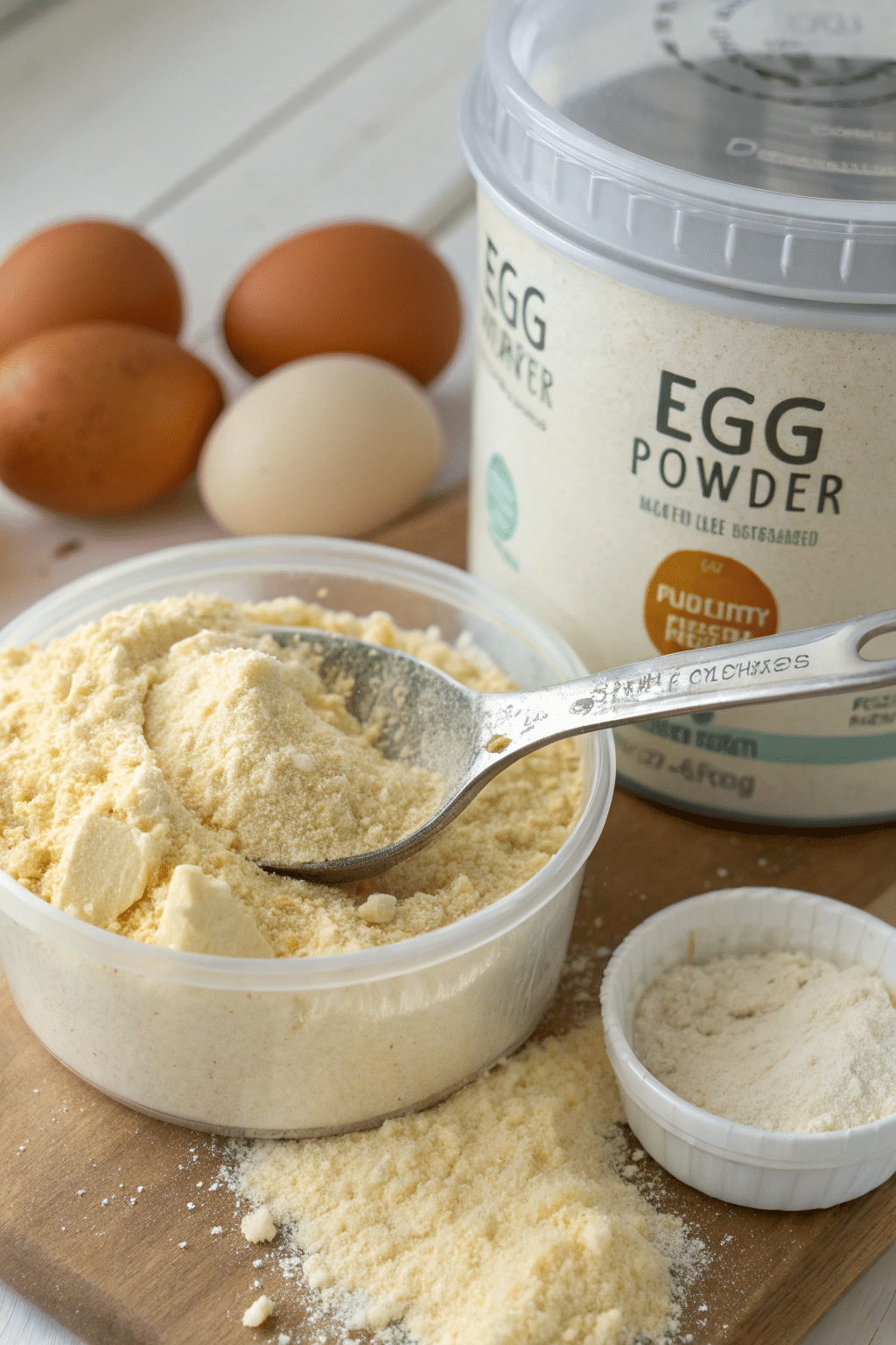 A photo of a culinary preparation scene featuring Egg Powder, a mixture of ingredients, and a spoonful of the mixture in a bowl. The Egg Powder container is prominently displayed. A wooden cutting board serves as the main surface, with some of the mixture spilling onto it. The background includes brown eggs. The spoon, which is a metallic, slender utensil, is positioned over the mixture in the bowl. The image style is a close-up, high-resolution photograph.