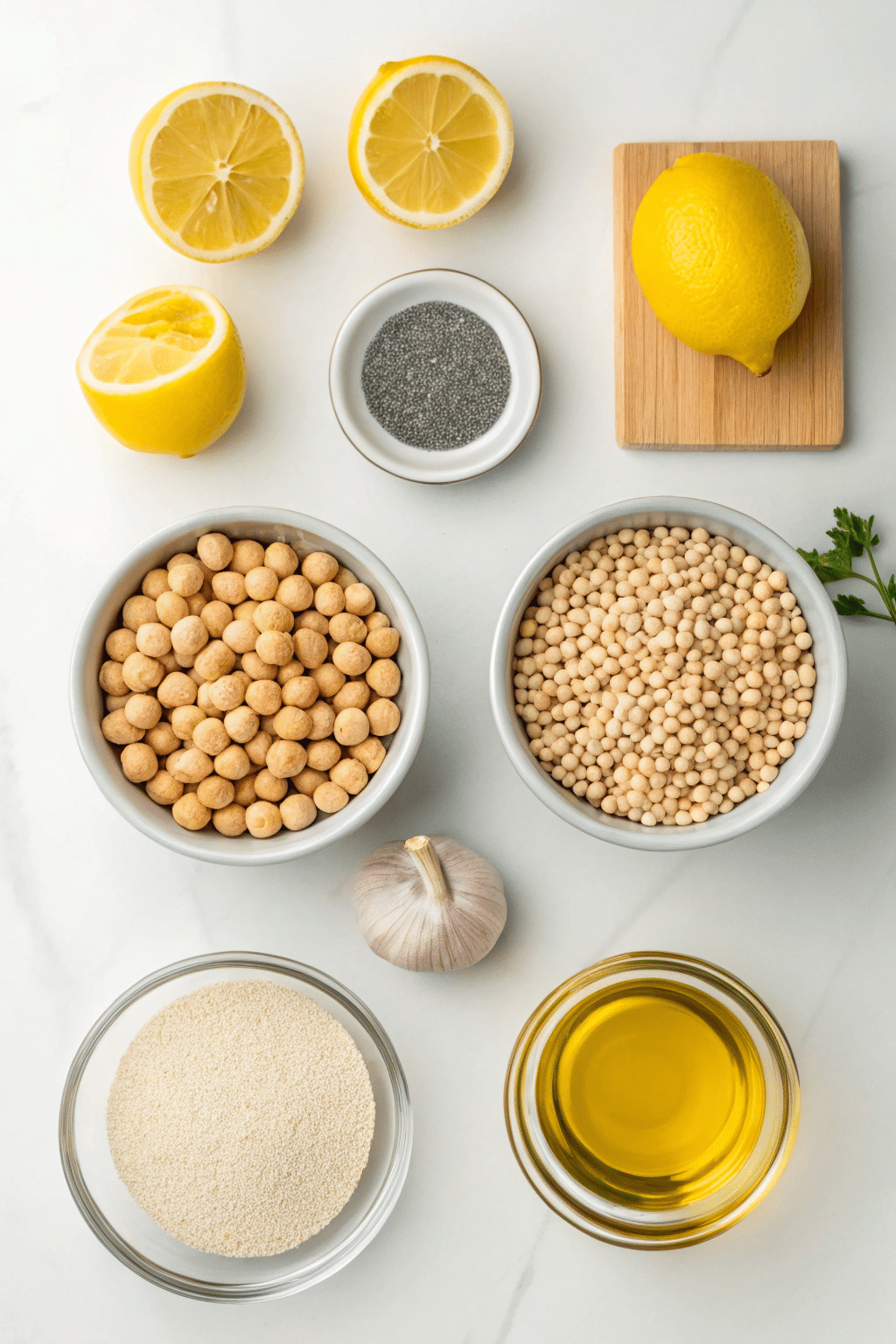 A display of ingredients needed for dehydrated hummus, including chickpeas, sesame seeds, lemon, garlic, and olive oil. The ingredients are neatly arranged on a kitchen counter.