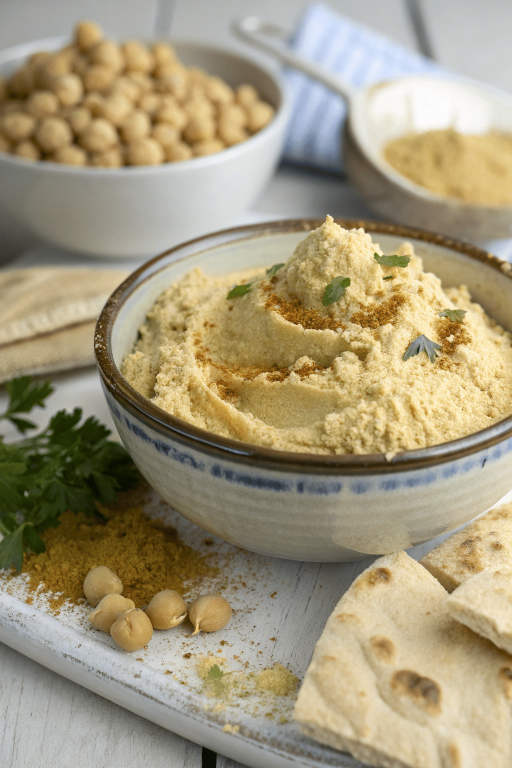 The final product of dehydrated hummus, shown as a crumbly, dry powder in a bowl. The image highlights the lightweight and portable nature of the dehydrated hummus.