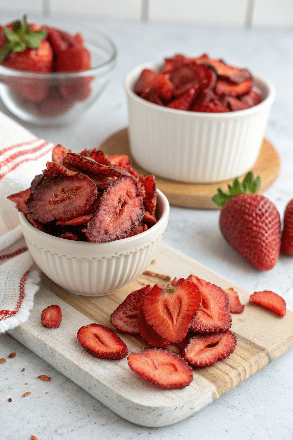 A photo of a culinary scene featuring a still life with a focus on fresh strawberries. The image features a wooden cutting board, a couple of white ceramic bowls filled with dehydrated strawberry slices, and a whole strawberry with its characteristic hull and seeds visible. The strawberry slices have a darker, caramelized appearance, and there are slices scattered around the cutting board. The overall style of the image is a close-up, high-resolution photograph with a focus on textures and colors.