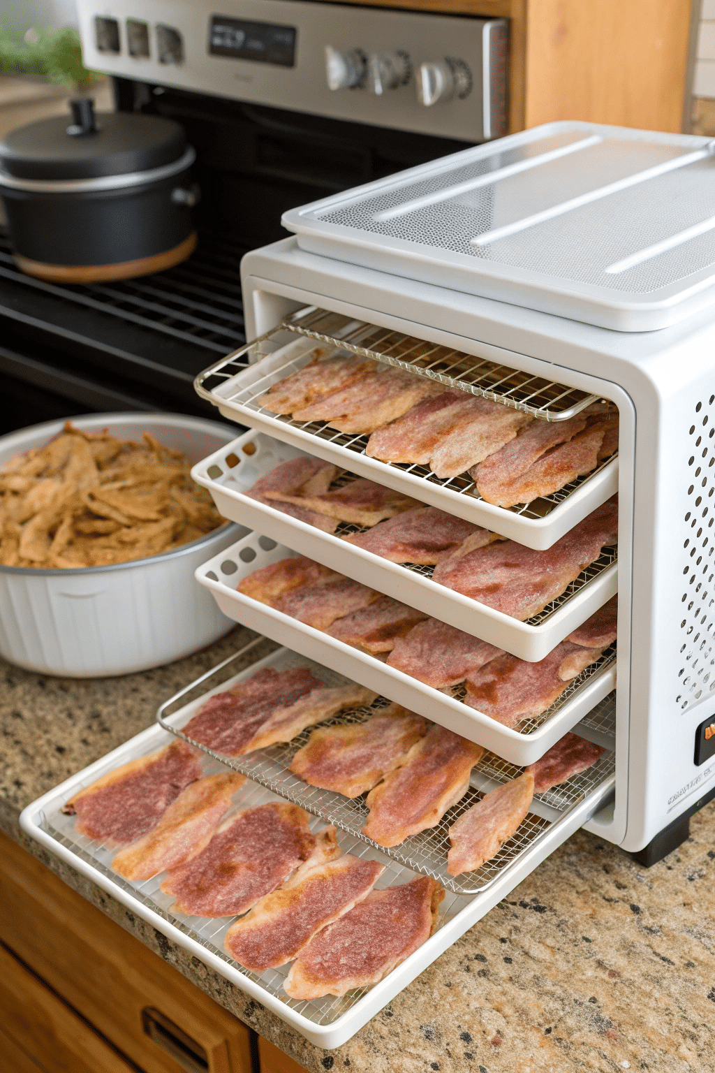 An image of a food dehydrator with trays filled with marinated turkey strips, showing the process of dehydration with a focus on the even spacing of the strips.