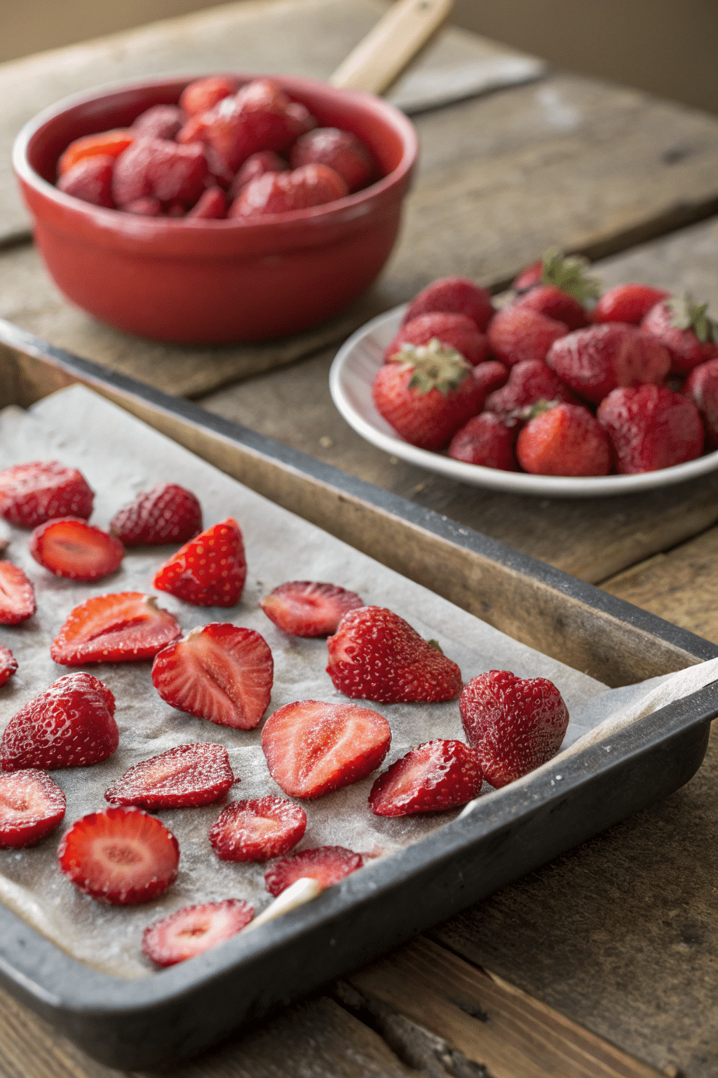 A photo featuring a culinary scene focused on strawberries. The image is taken from a close-up perspective, highlighting the vibrant red color of the strawberries and the textures of their surfaces. A wooden table is the primary surface, and the lighting is warm and ambient. A tray with sliced strawberries on parchment paper and a bowl with whole strawberries are the main objects, showcasing the process of preparing strawberries for a culinary purpose. The background is softly blurred.