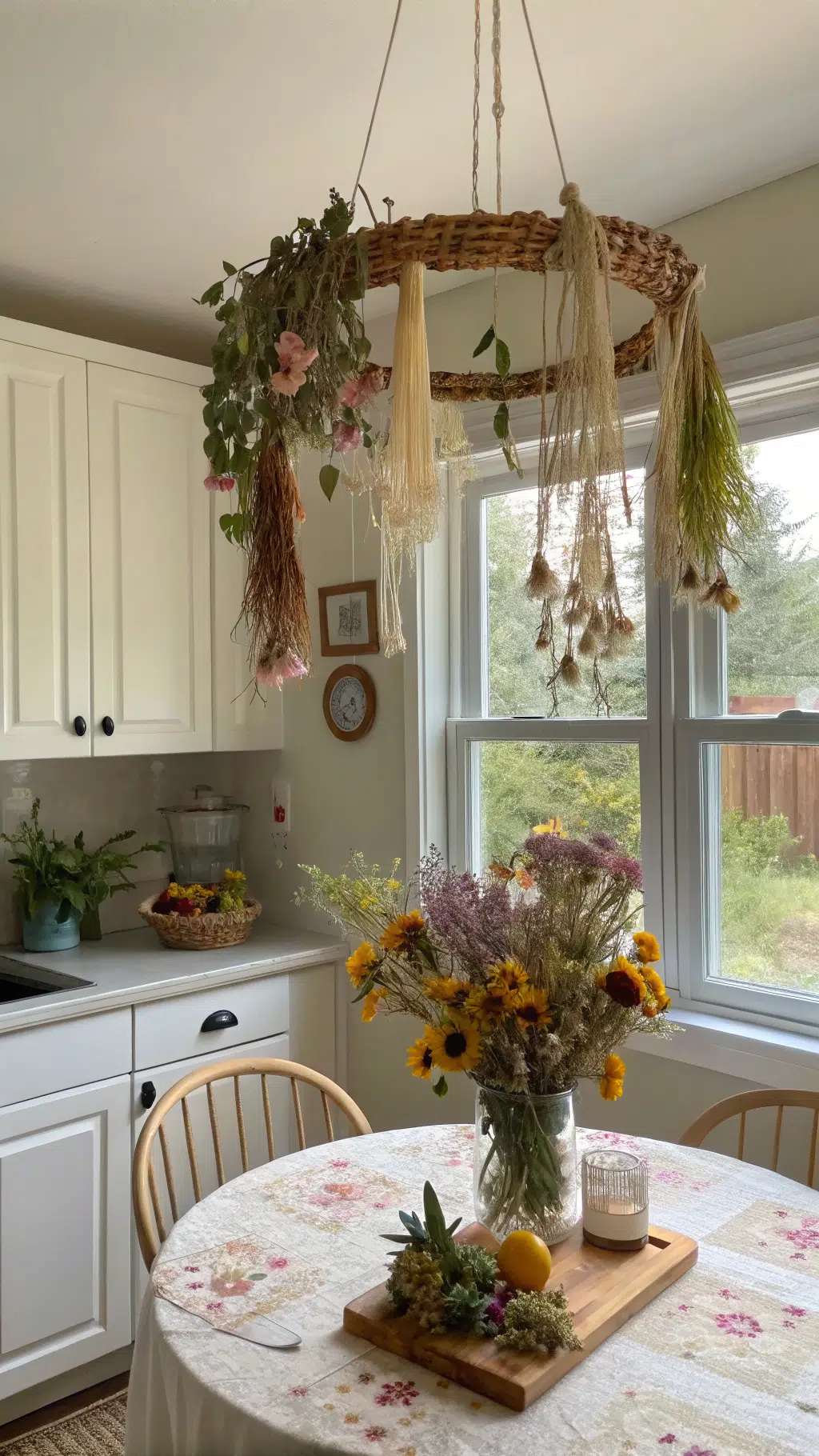 Dried flower ornaments Hanged in kitchen window for a cheerful touch.
