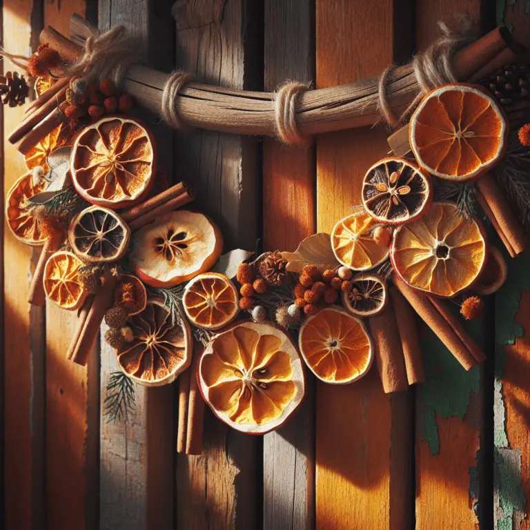 A rustic dried apple garland with cinnamon sticks and orange slices.