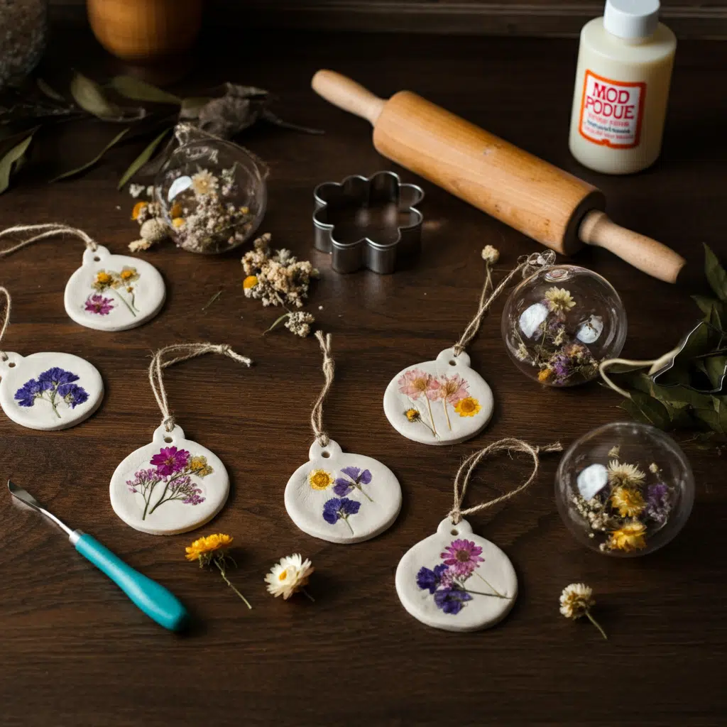 dried floral ornaments next to rolling pin