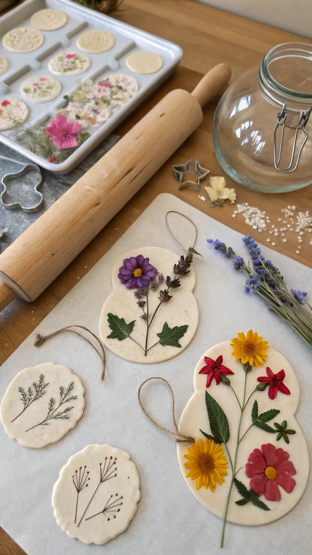 rolling pin, dried flowers, jar on a wooden table