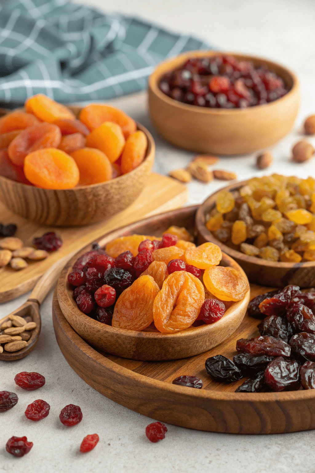 A photo of a still life featuring a variety of dried fruits in wooden bowls and scattered around a wooden surface. The dried fruits include raisins, cranberries, and various citrus slices. The wooden bowls have a warm, natural tone. The background is a blurred fabric with a checkered pattern in shades of blue. The image is a close-up, high-resolution photograph with a focus on the textures and colors of the dried fruits and the rustic charm of the wooden elements.