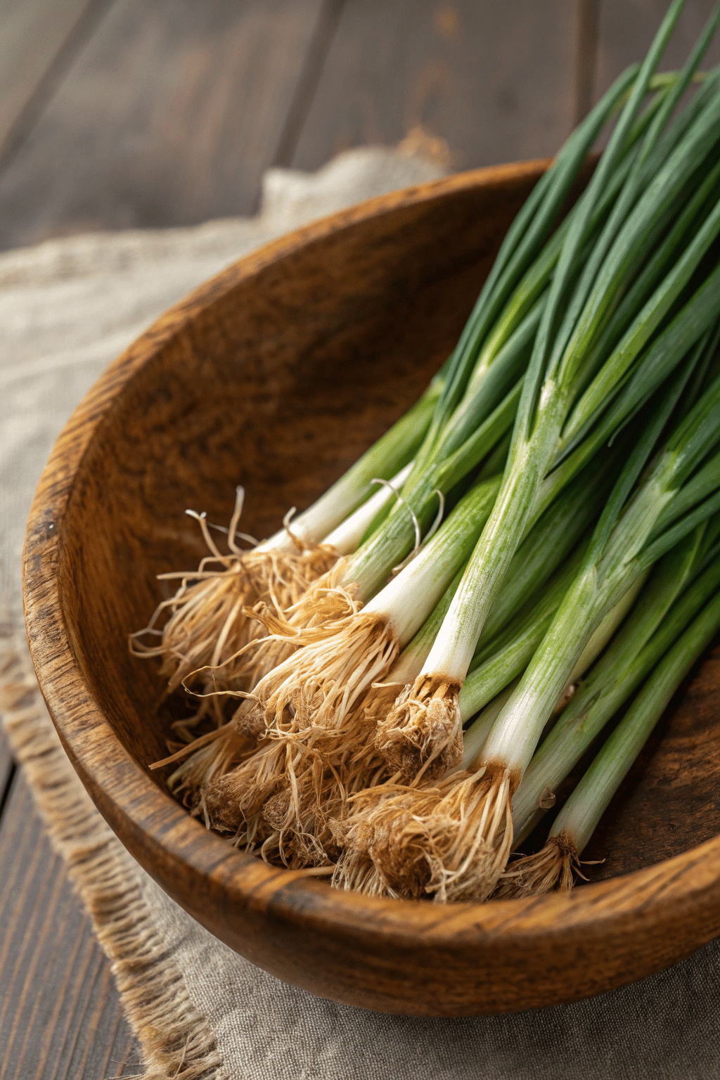 A close-up photograph of a wooden bowl with a collection of green onions. The bowl is intricately carved with a rustic, aged appearance. The onions have a mix of fresh green shoots and dried, brownish roots. The bowl is placed on a rough-textured, natural wood surface with a woven cloth-like texture partially visible. The focus is on the detailed textures and the contrast between the fresh and dried parts of the onions. The image style is a high-resolution photograph.