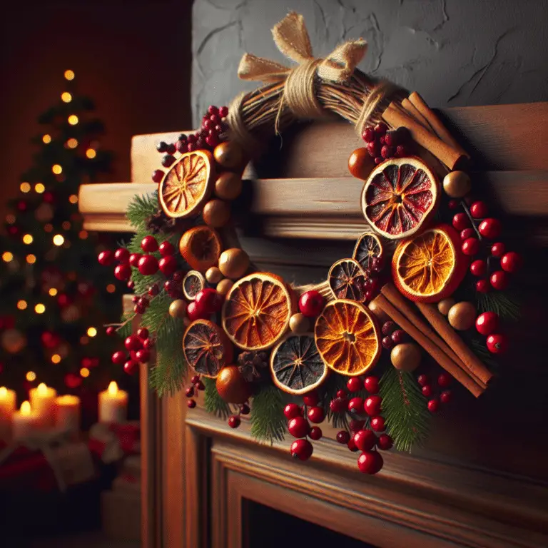 Dried orange and cranberry garland on mantel.