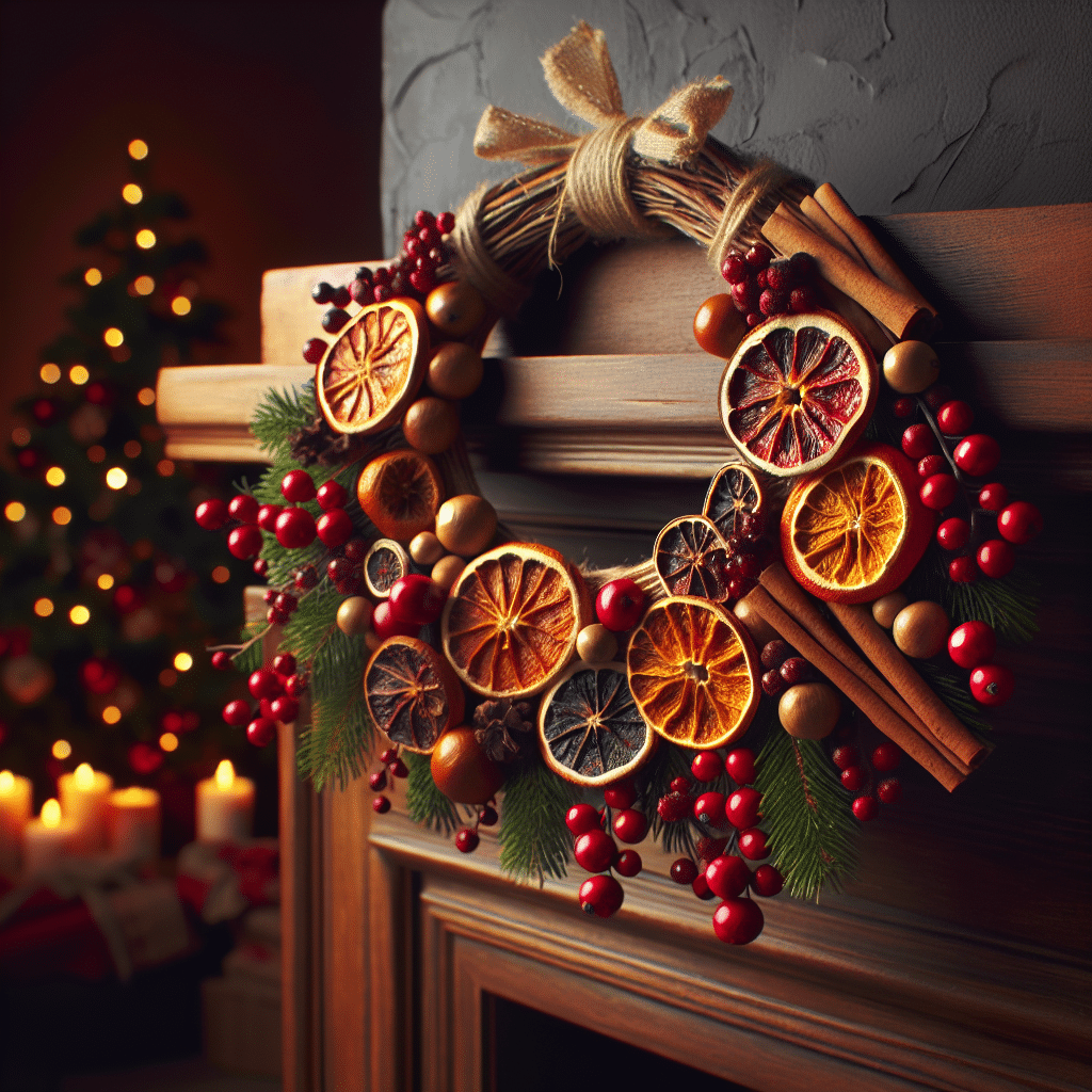 Dried orange and cranberry garland on mantel.