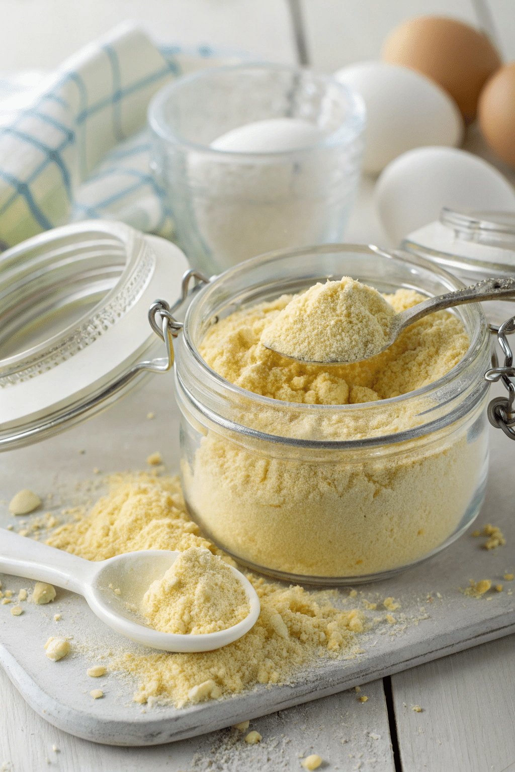 A photo of a kitchen scene featuring a culinary preparation. The main focus is a jar filled with a fine, creamy, yellowish flour-like egg powder, and a spoon partially submerged in it. The jar is on a wooden cutting board, with flour particles scattered around. The background includes eggs, a checkered cloth, and a rustic, natural ambiance. The image is a high-resolution photograph with a focus on the culinary details.