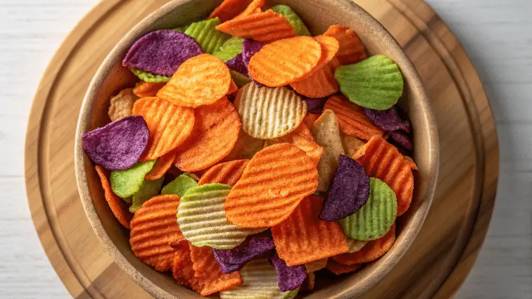 Different colored veggie chips such beet chips, sweet potaato chips, cucumber chips.
