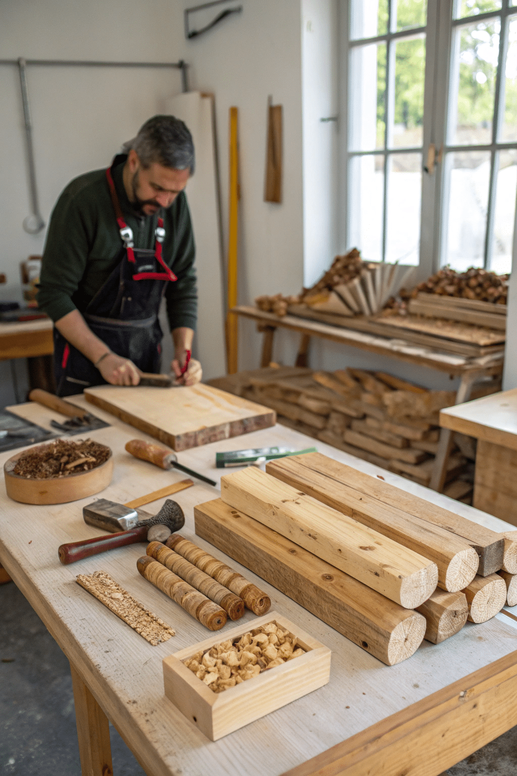 A collection of dried wood pieces, including lumber and small blanks, neatly arranged on a workbench. The wood appears smooth and ready for crafting, showcasing the effectiveness of the dehydration process.