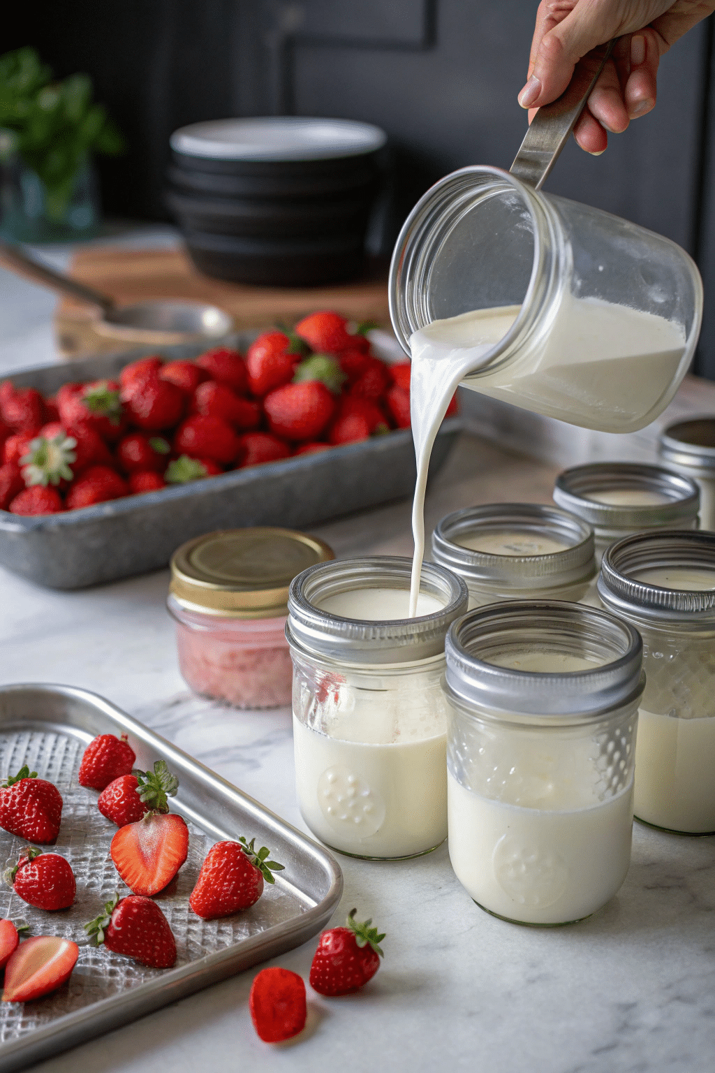 An image of the yogurt mixture being poured into canning jars, with lids ready to be placed on top, capturing the preparation step before dehydration.