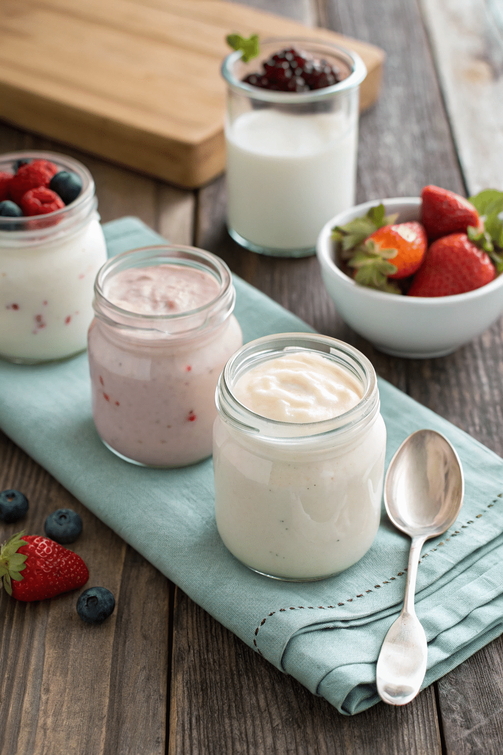 A collection of finished yogurt jars, showcasing their creamy texture and ready-to-eat appearance, placed on a wooden table with a spoon and a small bowl of fresh fruit for serving.