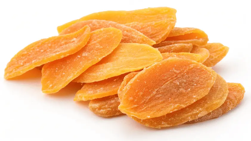 Freeze dried mango on a white background.