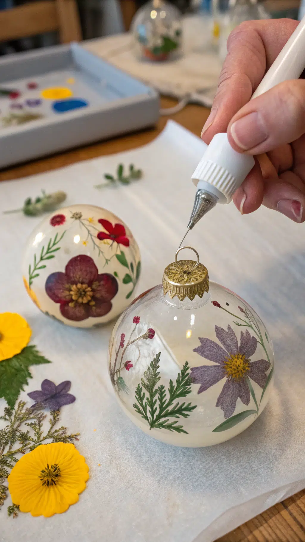 pressed flowers in glass ornaments