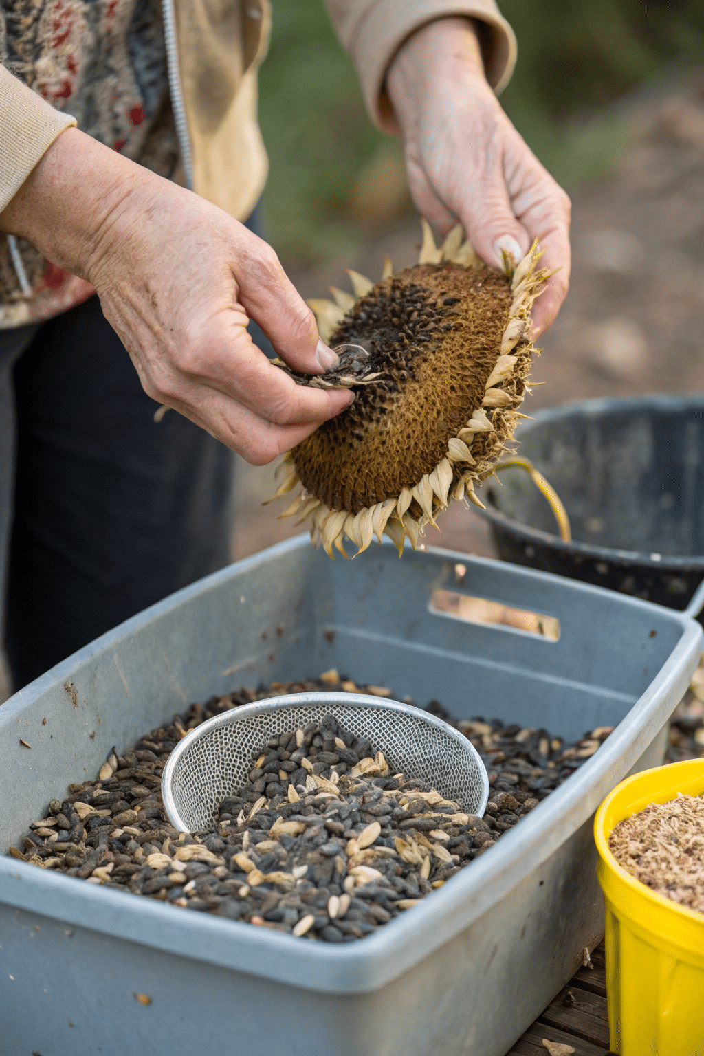 A close-up of hands removing seeds from a dried sunflower head, with seeds falling into a container below. The image highlights the ease of seed removal once dried.