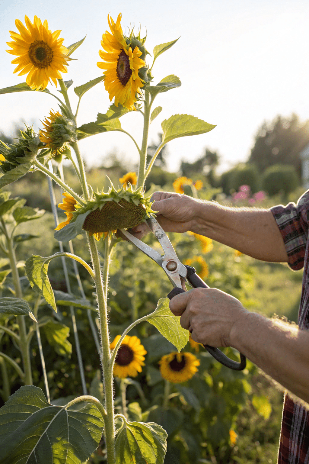 A gardener carefully cutting sunflower heads with a pair of garden shears, leaving a long stem for easy handling. The image captures the precision and care in the harvesting process.
