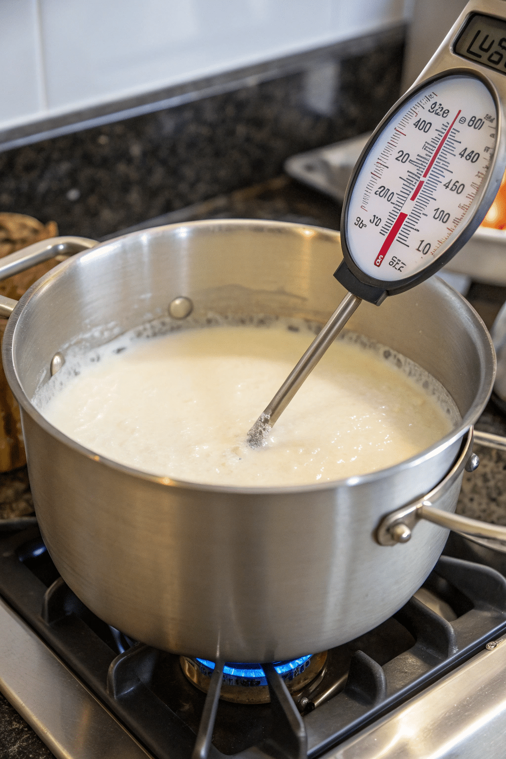 A close-up shot of a large pot on a stove with milk being stirred, showing the process of heating the milk to the right temperature, with a thermometer visible in the milk.