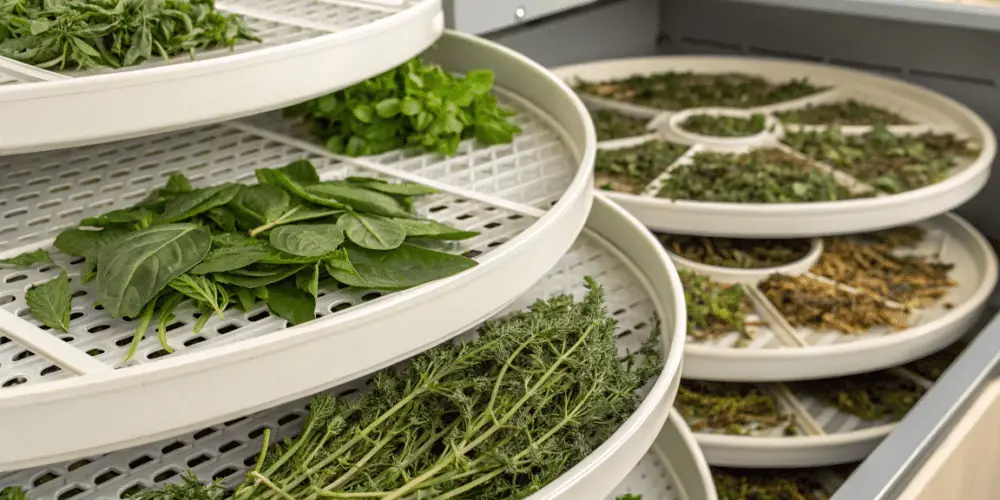 A photo of a multi-tiered white food dehydrator plastic trays showcasing a variety of herbs. The herbs are displayed on multiple layers with a perforated design, allowing for airflow.