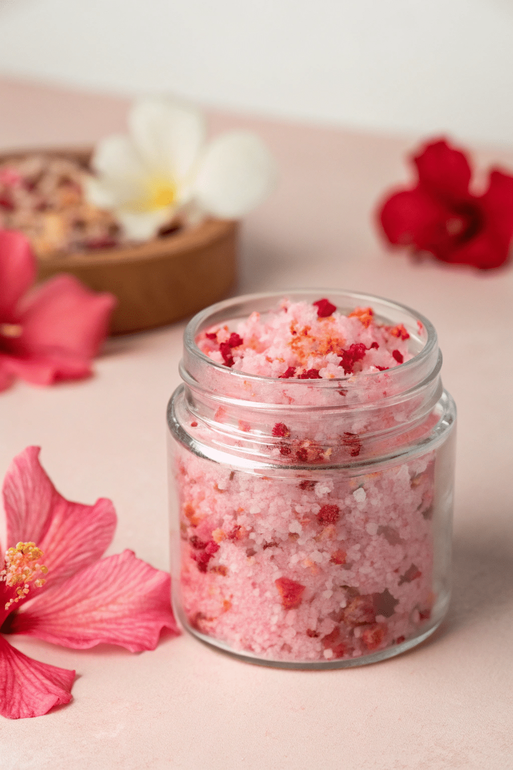 Hibiscus bath salts in a jar