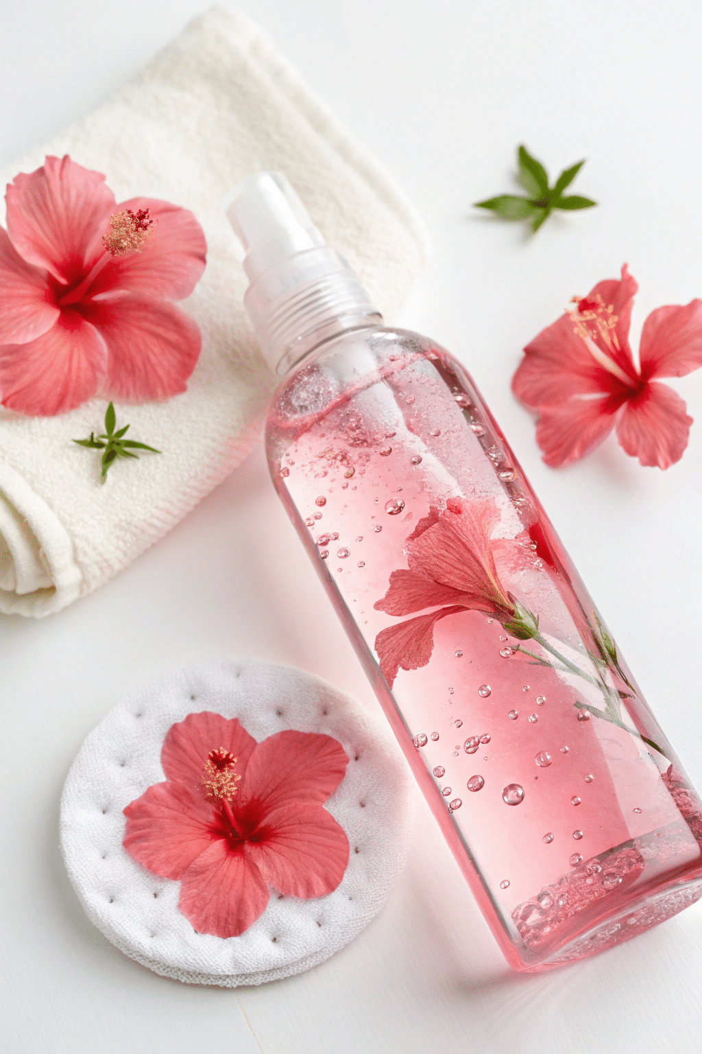 Hibiscus infused water in a bottle on a white background