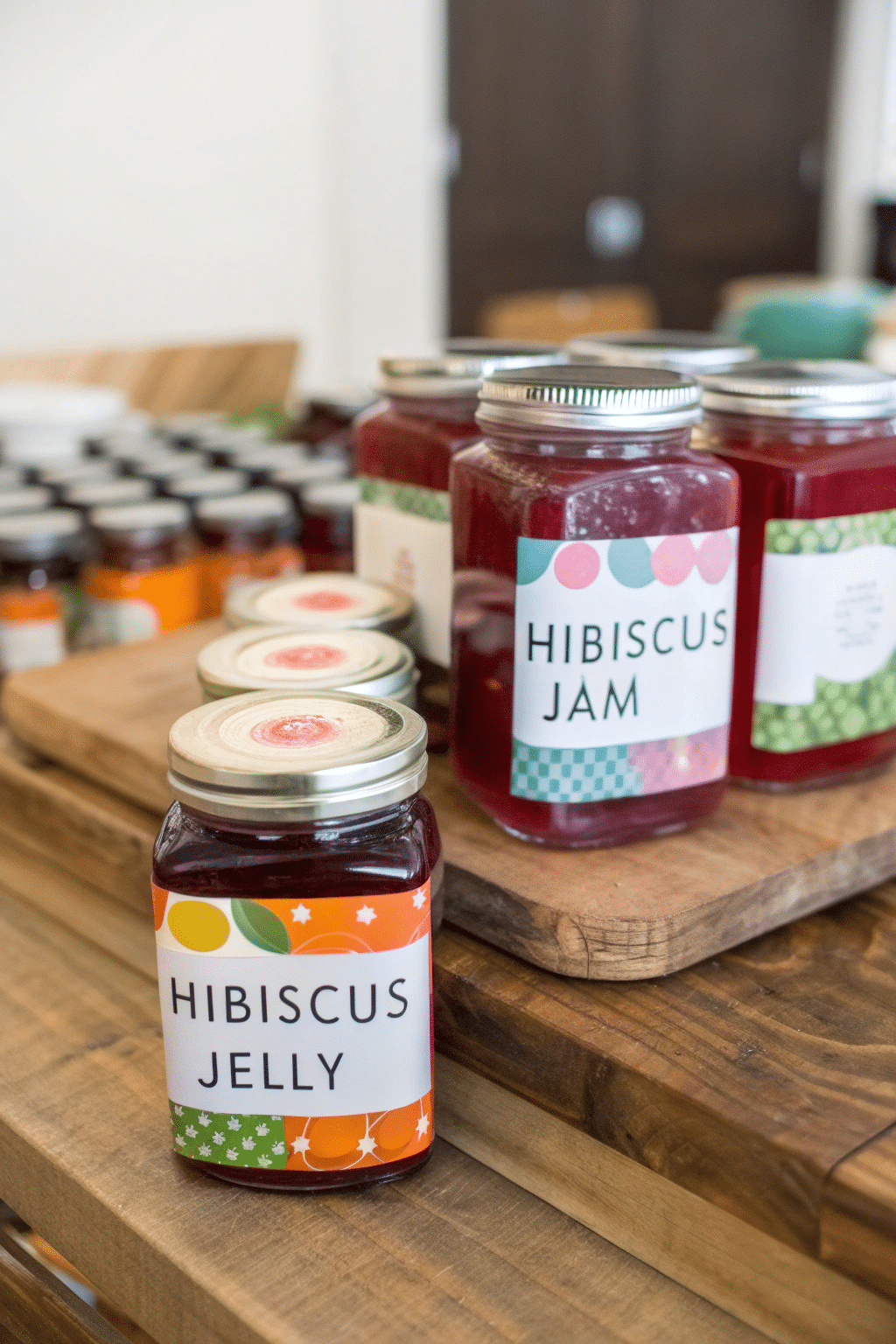 A still life photo featuring a collection of hibiscus jelly jars on a wooden surface. The jars have labels with the text 'HIBISCUS JELLY' and 'HIBISCUS JAM' in various colors. The jars are sealed with metal lids and have a variety of fruit-inspired designs on the labels. The wooden surface provides a rustic backdrop, and the jars are positioned in a way that highlights their contents and labels. The background is softly blurred.