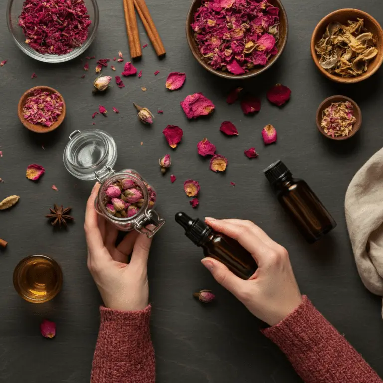 A person making rose potpourri with dried petals.